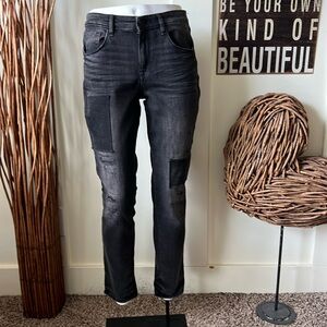 KIIND Of Artful Slim Relaxed Black Distressed Patched Jeans